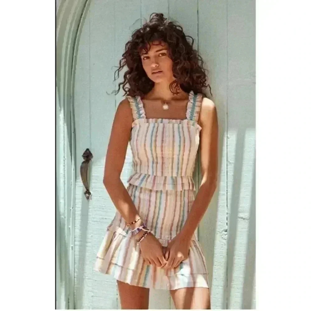 Saylor Zooey Smocked Cotton Rainbow Metallic Stripe Mini Skirt size Medium